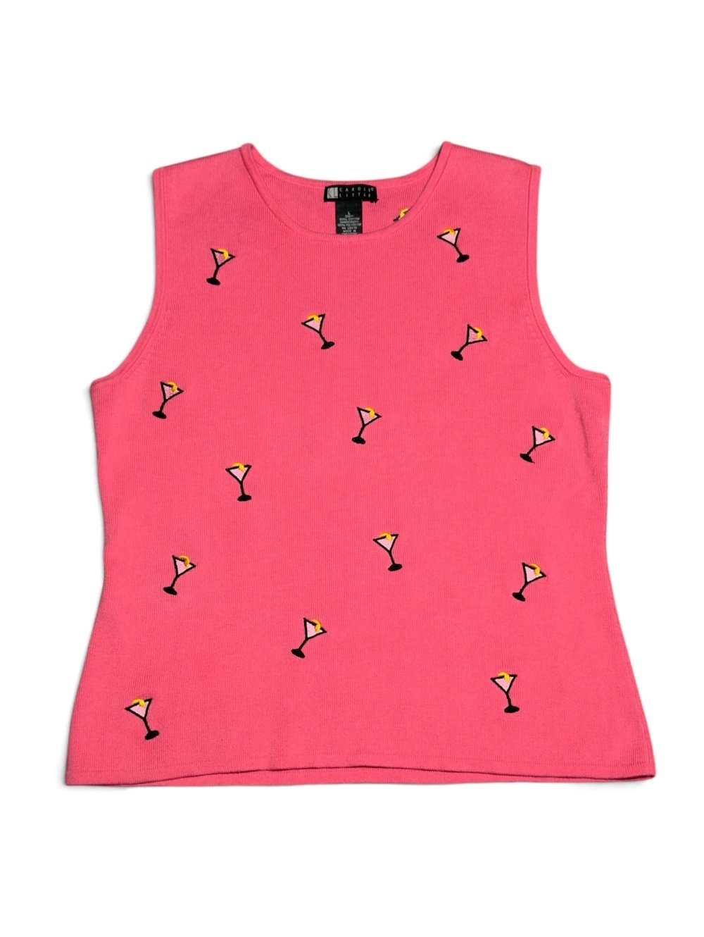 VTG Carole Little Pink Sleeveless Cotton Knit Top with Embroidered Martinis L